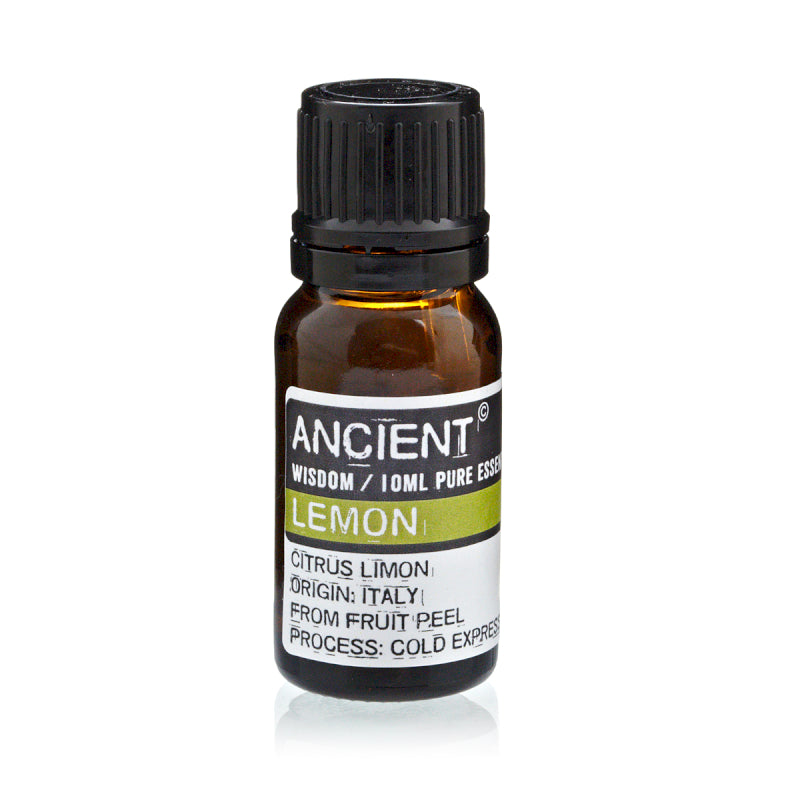 Bottle of lemon essential oil with a black cap on a white background