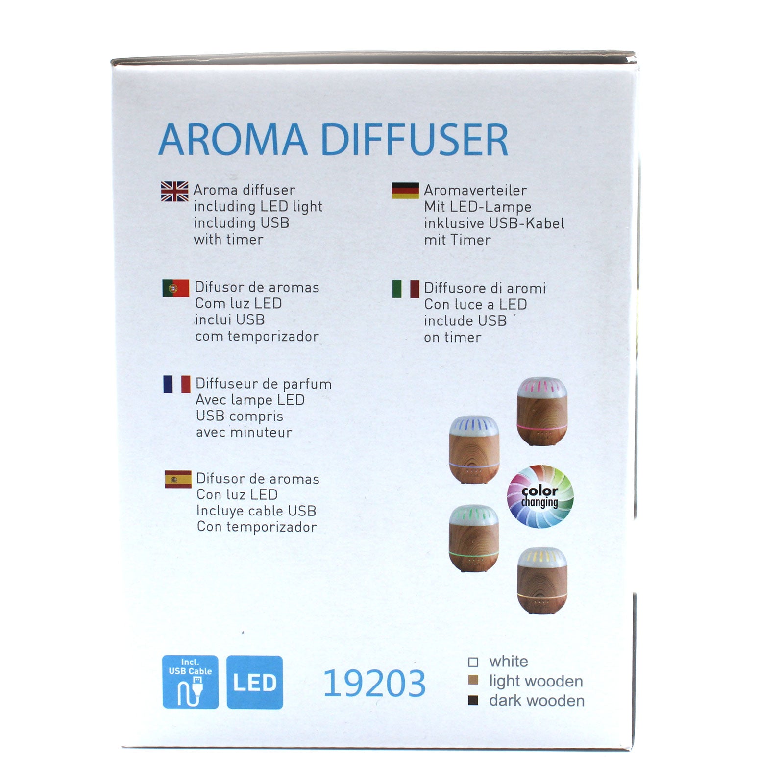 Aroma diffuser packaging with product images and text on a white background