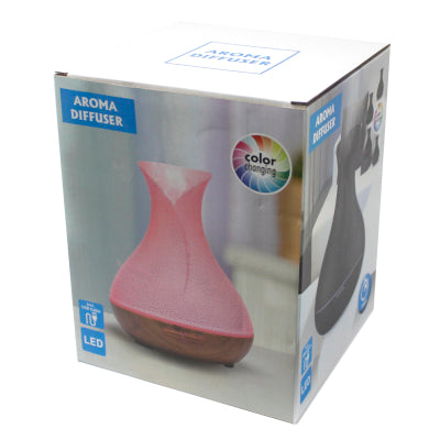 Aroma diffuser packaging with a pink diffuser on a white background