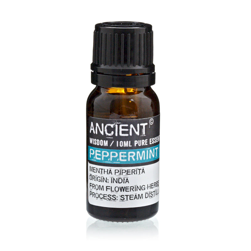 Peppermint essential oil bottle with label on a white background