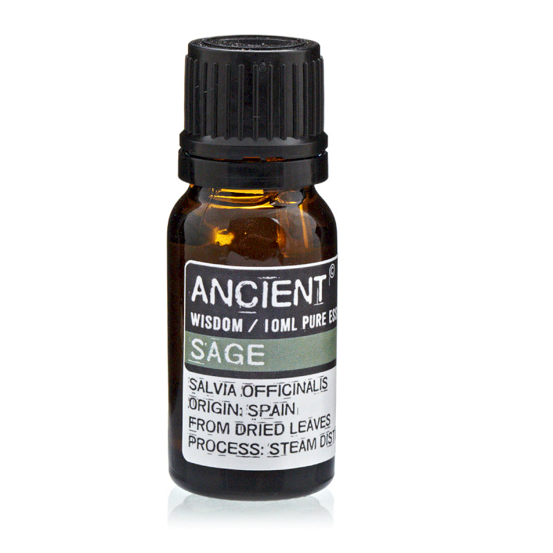 Bottle of Ancient Wisdom Sage essential oil on a white background
